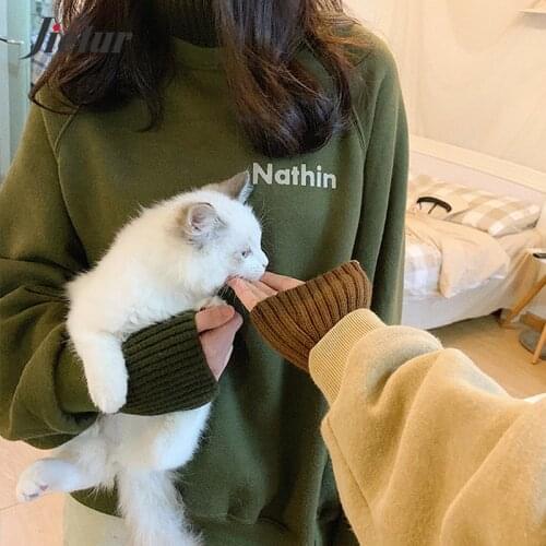 Jielur Turtleneck Hoodies Women Fake Two Pieces Loose Fleece Oversized Sweatshirt Fashion College Winter Pullover Female Hoody