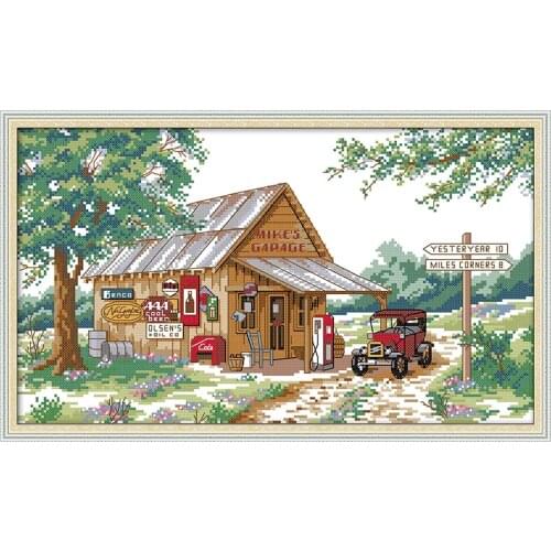 Joy Sunday Roadside gas station landscape pattern cross stitch kit 14ct 11ct count print canvas cross stitch DIY embroidery kit