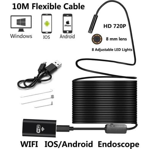 2m/10m WIFI Endoscope Camera 8mm Lens 2MP 720P Snake USB Flexible Hard Wire Android IOS PC 8LED Inspection Endoscope Camera