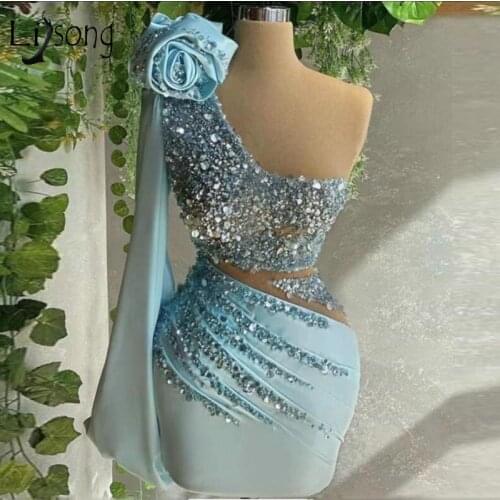 Sparkly Beading Mini Cocktail Dresses Long Sleeve One Shoulder Shiny Crystals Prom Dress Sexy Ruffled Robes de cocktail Custom
