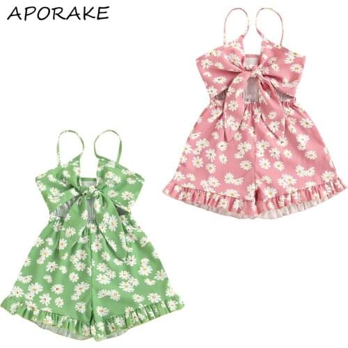 2021 1-6Y Cute Toddler Baby Girl Romper Summer New Foral Print V Neck Sleeveless Big Bow Hollow Tunic Playsuit Holiday Outfit