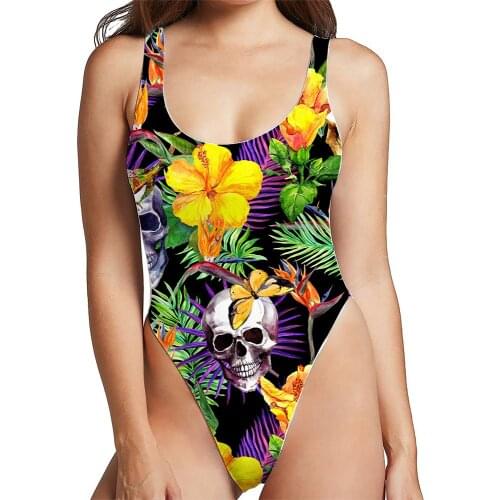 New Halloween One Piece Skull Swimsuit XS To 2xL Floral Cat Printing Grey Sleeveless Swiming Suits 4 Patterns