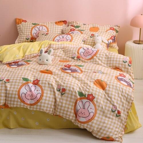 Cartoon Rabbit Pattern Bedding Sets,175x220 Duvet Cover Set With pillowcase,220x240 Quilt Cover ,Orange grid King Blanket set