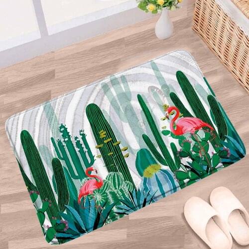 Tropical Plant Cactus Bathroom Mat Flamingo Flower Green Leaf Cartoon Pattern Non-slip Rug Bath Kitchen Doorway Aisle Carpet Pad