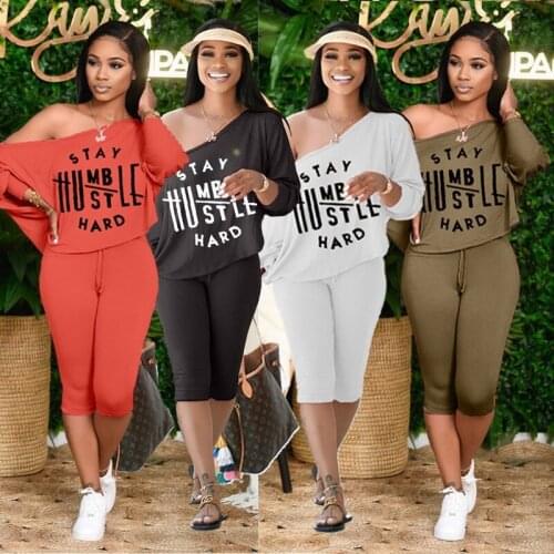 Spring and Summer Womens Fashion Suit Letter Printing Casual Long Sleeved Skew Collar T-shirt Calf Length Pant Short Sets