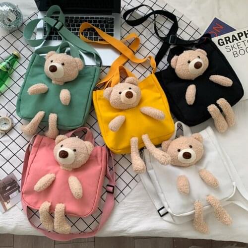 2020 new plush bear canvas bag handbag messenger bag children diagonal cute small school bag bear cartoon shoulder bag