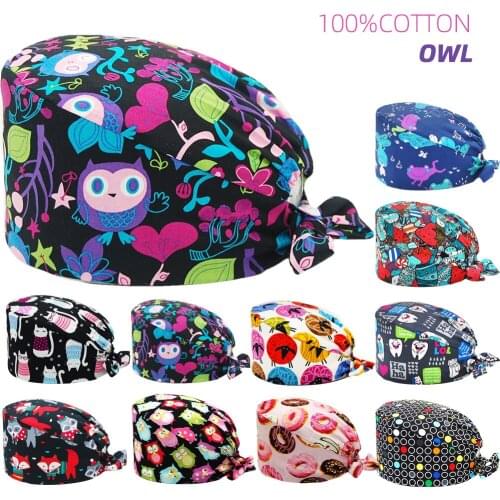 Wholesale Surgicals Cap 100% Cotton Beautician Dust Proof Cooking Chef Hats Nurse Accessories Cartoon Printing Scrub Caps Unisex