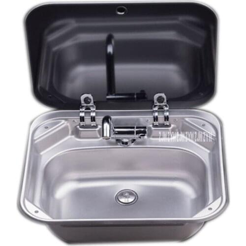 PS-698 Quality 304 Stainless Steel Single Slot Caravan Sink RV Camper Sink With a Right Angle Drainer Folding Faucet Glass Cover