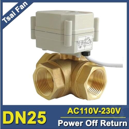 TF25-BH3-C 3 Way T/L Type Horizontal Brass 1'' (DN25) Power Off Return Type Actuator Ball Valve AC110V-230V For Flow Control