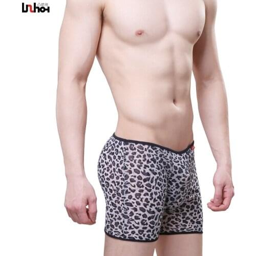 Sexy Gay Underwear Men Boxer Shorts Mesh Transparent Underpants Leopard Mid-waist U Convex Pouch Panties Cuecas calzoncillos