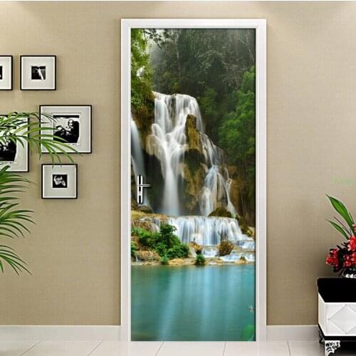 Mountain Water Waterfall Landscape Mural PVC Mural Sticker DIY Living Room Bedroom Waterproof Door 3D Wallpaper Home Decoration