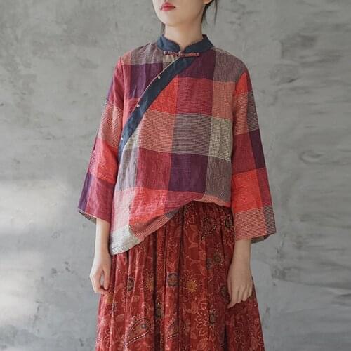 Johnature Spring Leisure Retro Fashion Plaid Stand Plate Buckle Shirt 2021 New Cotton Linen Comfortable All-match Women Tops