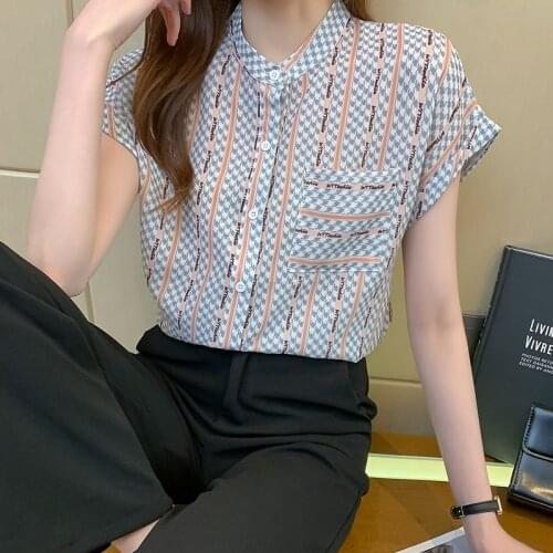 SummerStand-up collar Vertical stripes chiffon women blouse shirt short sleeve ladies blouse shirt 2021 camisas de mujer