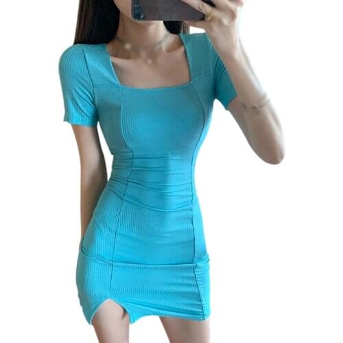 Women Solid Colour Square Collar Dress Split Slim Casual Short Sleeve Vestidos Summer New Arrivals