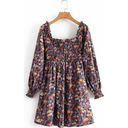 Evfer Women Sprint Autumn Elegant Flower Print Ur Mini Dresses Chic Lady Fashion Elastic Bust Slash Neck High Waist Short Dress