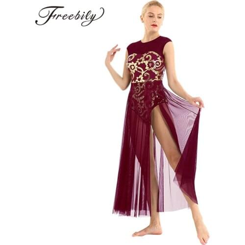 Women Sleeveless Floral Sequins Ballet Dance Tank Leotard Maxi Dress Ballerina Stage Lyrical Modern Contemporary Dance Costumes