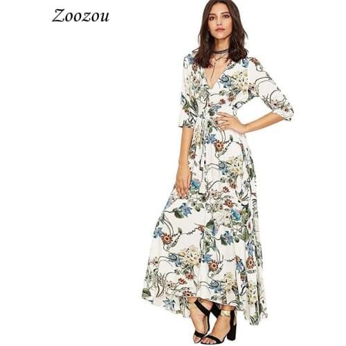 Summer Boho Women Maxi Wrap Dress 2020 Loose Half Sleeve Deep V Neck Casual Print Dresses Large Hem Party Beach Split Long Dress