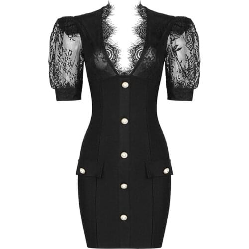 2021 women new fashion summer black cap sleeve v neck buttons lace bandage dress party evening dress wholesale dropship