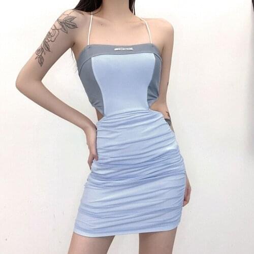 2021 fall womens pure color slim slim waist fashion collision color drape condole dress