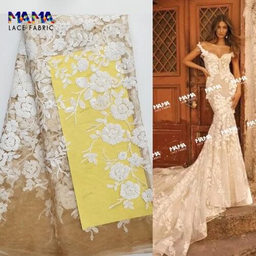 5 Yards White Flower Color Sequined Net Lace Fabric Sequins Embroidery Nigerian For Wedding Party Bride Dress Material Sewing
