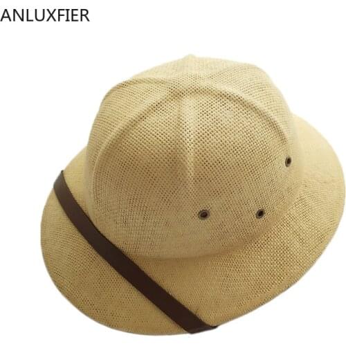 B-8268 Novelty Toquilla Straw Helmet Pith Sun Hats Men Vietnam War Army Hat Dad Boater Bucket Hats Safari Jungle Miners Cap