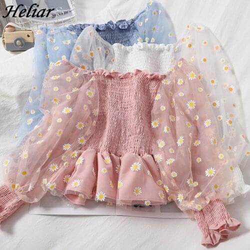 HELIAR Sexy Off Shoulder Blouse Embroidery Floral Pleated Women Sexy Short Tops Spring Long Sleeve Skinny Sweet Blouses 2021