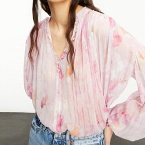 Women Blouse Spring Autumn Long Puff Sleeve V-Neck Print Floral Elegant High Street Chic Stunning Fashion TK
