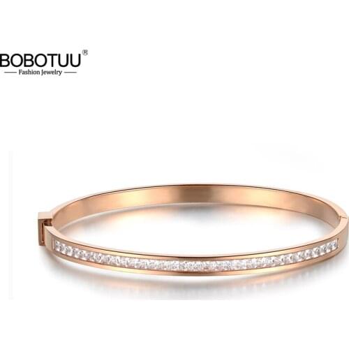 BOBOTUU Classic Titanium Steel Rose Gold Color Bracelets Bangles Luxury Cubic Zirconia Wedding Bangle Jewelry For Women BB18047