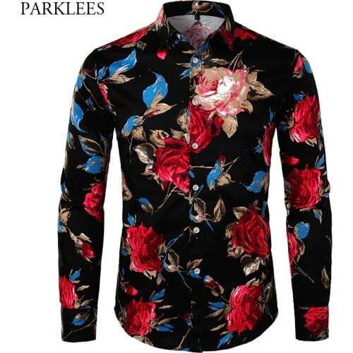 Hawaiian Men Shirt Brand Rose Floral Print Men Streetwear Slim Fit Casual Men Long Sleeve Shirts Turn-Down Collar Mens Clothing