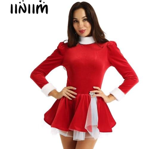 Iiniim Women Adults Winter Christmas Dance Costume Figure Ice Skating Roller Gym Skating Ballet Dance Velvet Leotard Dress
