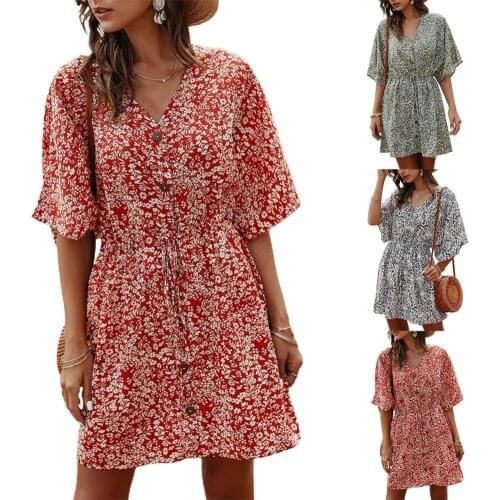 Summer Women Dresses Bohemian Floral Print Drawstring 3 Colors Ladies Half Sleeve Loose Dress Boho Robe