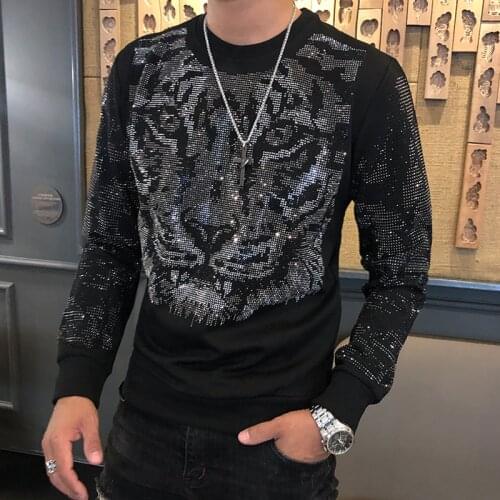 Autumn Winter New Fashion Brand Mens Tee Shirt Homme Personalized Trend Hot Drilling Tiger Head Mens Heavy Industry Tshirt Men