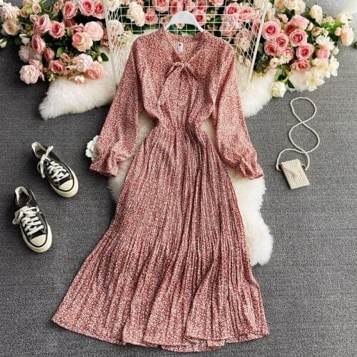 New spring and summer new shredded flower dress lady bow long-sleeved chiffon pleated dress womens wear