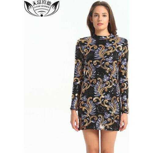 NEW 2017 Sequin embroidery Dress Europe Style Women Bandage Dress Stand Neck Long Sleeve Flower Side hollow out Sexy dresses