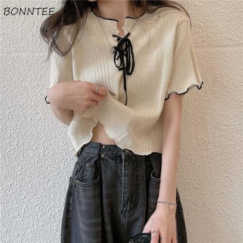 Slim Knitted T-shirts Women Lace-up Butterfly-sleeve Fashion Ulzzang Crop Skinny Comfortable Leisure Tops All-match Breathable