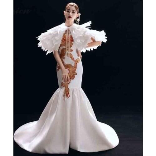 Mermaid White Embroidery Cheongsam China Go Show Dresses Qi Pao Women Chinese Traditional Dress Oriental Style Elegant Qipao