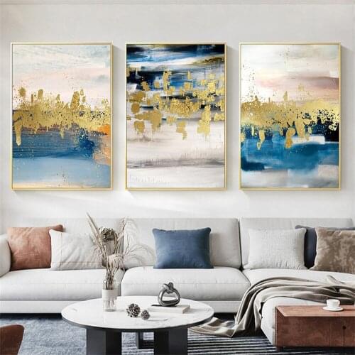 Modern Blue Beige Gold Foil Abstract Scene Posters Prints Canvas Paintings Wall Art Pictures for Living Room Home Decoration