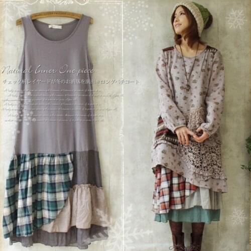Japanese Mori Girl Patchwork Vintage Plaid Dress Women Casual Loose Boho Cute Kawaii Cotton Linen Sleeveless Tank Basic Dress