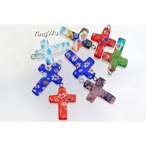 Yingwu Beautiful Bead Wholesale 10pcs Lot Cross Shape Pendant Millefiori Flower Lampwork Glass Beads 18*28mm