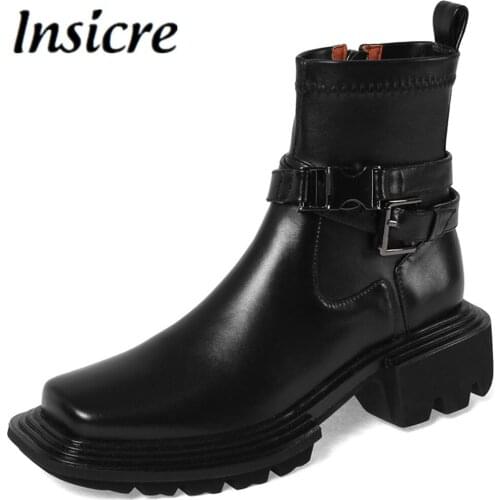 Insicre 2021 Top Quality Leather Women Ankle Boots Square Toe Autumn Winter Fashion Square Heel Platform Zipper Party Shoes