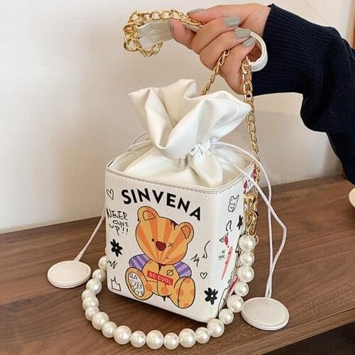 Box Shape Pearl Crossbody Bags For Women 2021 Cartoon Drawstring Shoulder Handbag Female Travel Summer Pu Leather Cross Body Bag
