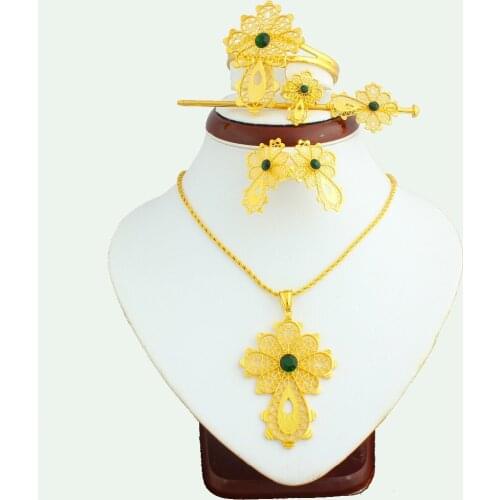 JH New Ethiopian Women Wedding Green Stone Like Cross Jewelry Set Gold Color Fashion Bride Big Flower Brand Jewelry Accessories