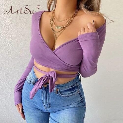 ArtSu Long Sleeve Bandage Wrap Crop Top Women 2020 Autumn Solid Blue Purple Deep V-Neck Sexy Skinny Tee Shirts Streetwear