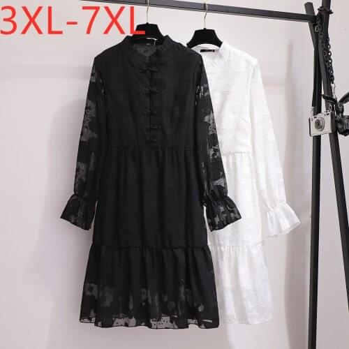 New 2021 Ladies Spring Autumn Plus Size Midi Dress For Women Large Long Sleeve Loose Ruffle Embroidery Dress 3XL 4XL 5XL 6XL 7XL
