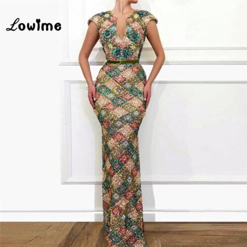 Vintage Sequined Slim Mermaid Evening Dresses 2019 New Couture Robe De Soiree Arabic Dubai Muslim Party Gowns With Short Sleeves