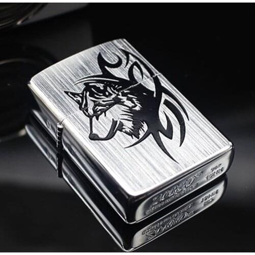 Zorro Pure Copper Kerosene Lighter Engraving Wolf Vintage Silver Brushed Windproof Cigarette Lighter.Wolf/Dragon/Tiger