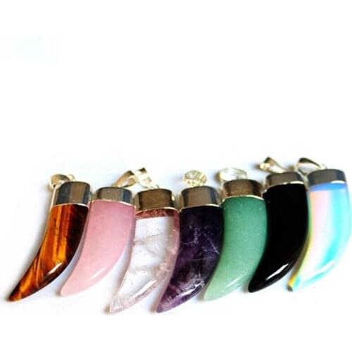 10 Pcs Light Yellow Gold Color Horn Shape Tiger Eye Stone Pendant Rose Pink Quartz Charm Jewelry