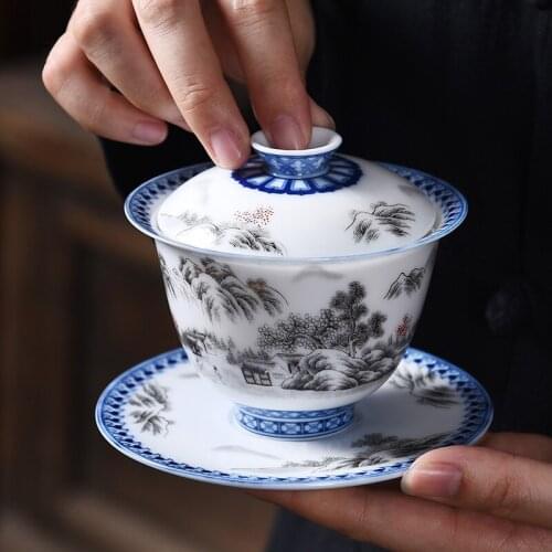 Dehua white porcelain covered cup tea cup ceramic tea making Sancai bowl Kung Fu tea set tea bowl home