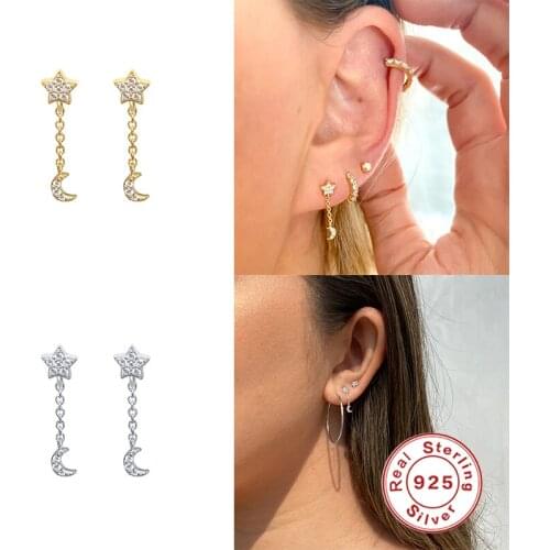 BOAKO 925 Sterling Silver Crystal Star Moon Pendant Drop Earrings For Women Small Chain Tassel Dangle Earrings Fine Jewelry Gift