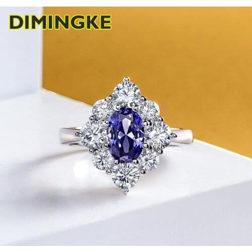 DIMINGKE 6*9 Sapphire Flower Shaped Diamond Wedding Ring 100-S925 Sterling Silver Cocktail Party Woman Jewelry